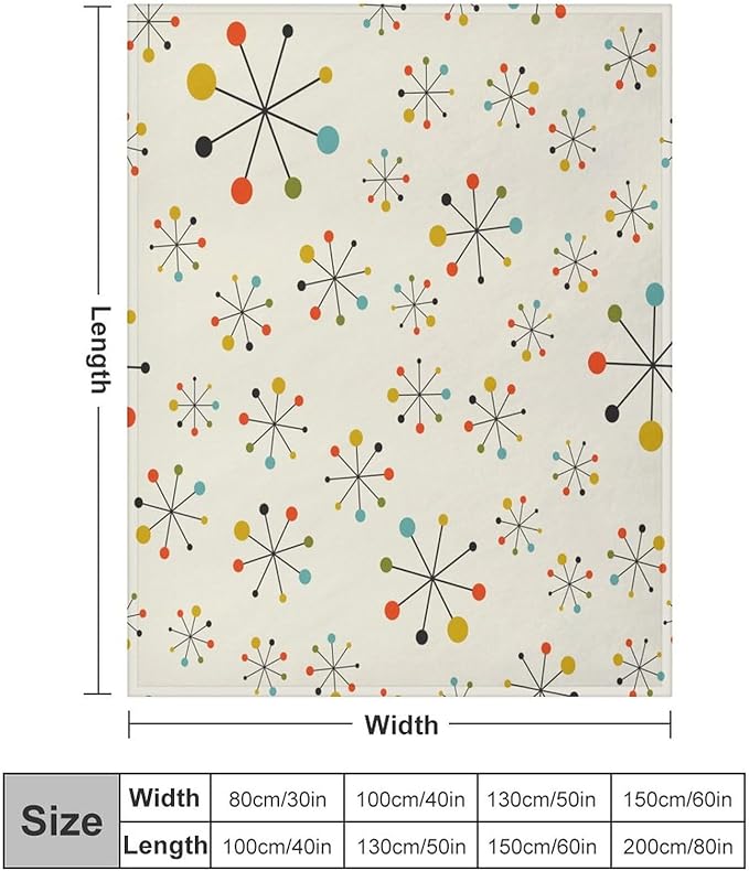 Mid Century Throw Blanket, Retro Abstract Geometric Pattern Boho 1950s 1960s Iconic Atomic Starbursts Modern Sputnik Print Blanket for Couch Sofa Bed Decorative Gifts 50"x60"