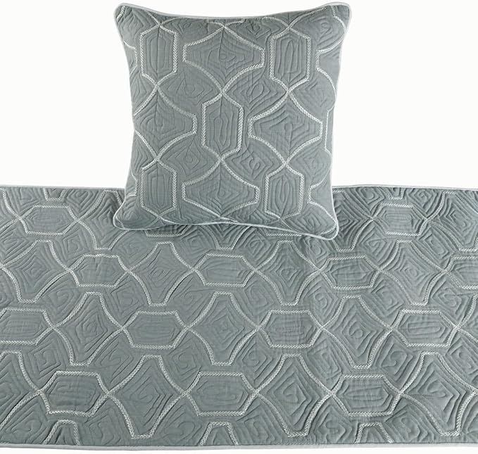 The HomeCentric King Queen Twin Grey Blue Bed Runner with Decorative Throw Pillow Cover, Full Size 68"x18" Bed Runner with Pillow Cover, Linen Quilted Embroidery, Modern Contemporary - Atmosphere