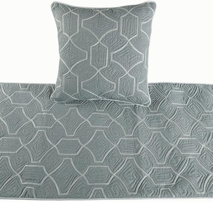 The HomeCentric King Queen Twin Grey Blue Bed Runner with 2 Decorative Throw Pillow Cover, Twin Size 53"x18" Bed Runner with Pillow Cover, Linen Quilted Embroidery, Modern Contemporary - Atmosphere