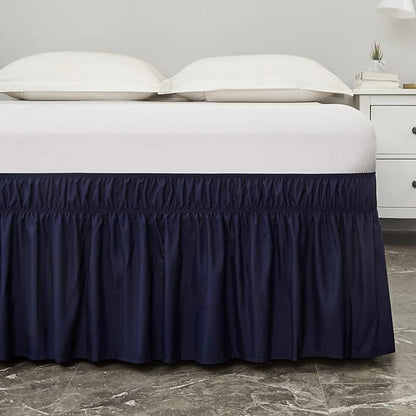 MEILA Wrap Around Bed Skirt Three Fabric Sides Elastic Dust Ruffled 24 Inch Tailored Drop,Easy to Install Fade Resistant-Navy Blue, Twin/Full
