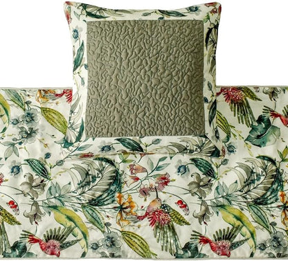 The HomeCentric King Queen Twin Ivory & Multi Designer Queen 74"x18" Bed Runner with Pillow Cover, Bird, Sequins & Beaded Bed Scarf on Cotton Fabric - Exotic Birds