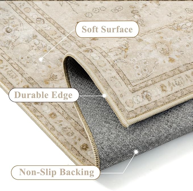 Brown 3x5 Area Rug Washable Vintage Carpet for Entryway Office Soft Retro Floral Kitchen Low Pile Thin Door Mat Non Slip Central Medallion Throw Rug for Bathroom Bedroom Dining Living Room