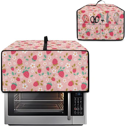 Pink Strawberry Cherry Blossom Print Microwave Oven Dust Cover Toaster Oven Cover Foldable Polyester-Linen Fabric Small Appliance Dust Covers Suitable for Most Microwave Ovens, L