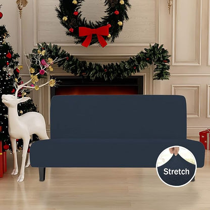 Easy-Going Stretch Futon Slipcover Armless Futon Bed Cover Furniture Protector Without Armrests with Elastic Bottom for Kids, Soft Jacquard Fabric Small Checks (Large, Dark Blue)