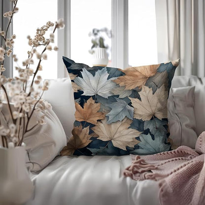 Vintage Boho Leaves Print Throw Pillow Cover, Orange, Blue - Blue Autumn Leaves Decor Pillowcase, Indoor Outdoor Cushion Case for Sofa Couch Bed Living Room Bedroom Home (Yellow leaves, 18x18inch)