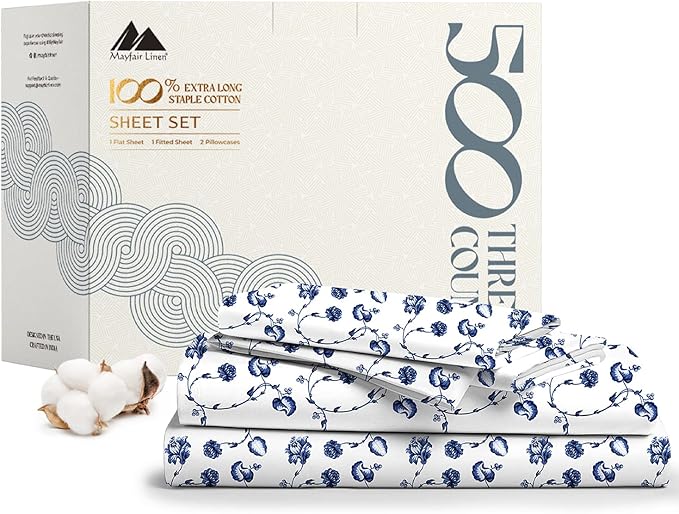 Mayfair Linen 100% Cotton Printed Bed Sheets Queen Size Set - 500 Thread Count Cotton Sheets for Queen Size Bed, 4 PC Set (Floral Blue), Soft, Cooling, Sateen Hotel Quality 16" Deep Pocket Bedsheet