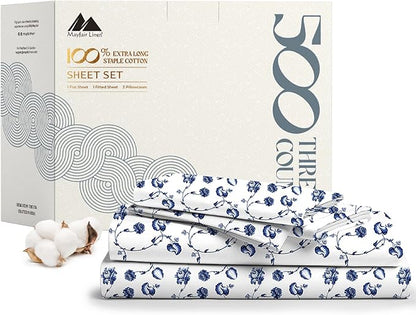 Mayfair Linen 100% Cotton Printed Bed Sheets King Size Set - 500 Thread Count Cotton Sheets for King Size Bed, 4 PC Set (Floral Blue), Soft, Cooling, Sateen Hotel Quality 16" Deep Pocket Bedsheet