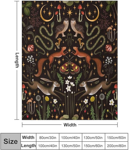Rustic Forest Throw Blanket, Fairy Tale Forest Land Wild Animals Moths Flowers Moon Star Soft Flannal Blanket for Adult Kids Bed Couch Sofa, 40"x50"