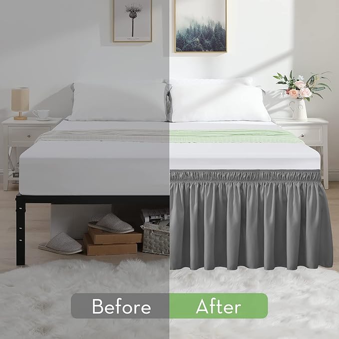 RIMELA Light Grey Bed Skirt Queen Size 21 Inch Drop, Elastic Bed Skirting for Bed Base and Frame, Bedding Dust Ruffle Easy to Install, Lightweight Wrap Around Adjustable Bedskirt