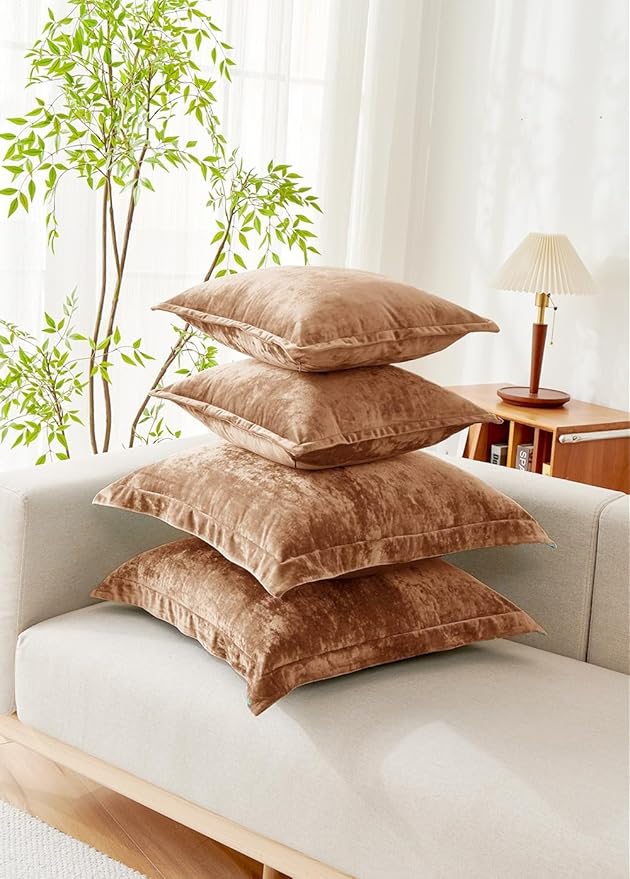 Luxurious Velvet Euro Shams Decorative Throw Pillow Covers 26x26 Set of 2 Solid Square Euro Pillow Shams for Sofa Couch Bedroom, Caramel