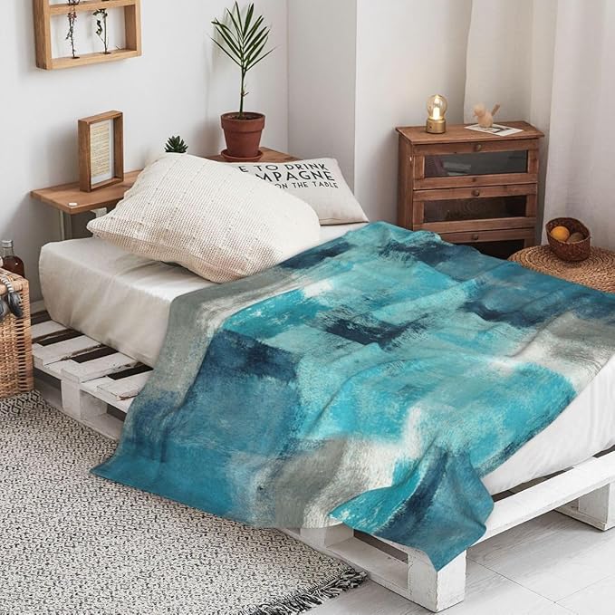 LOKMU Throw Blanket, Teal and Grey Abstract Art Ultra-Soft Cozy Flannel Blankets, Fuzzy Plush Lightweight Modern Blanket for Couch Sofa Bedding Home Decor, 60" L x 50" W
