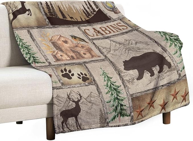 Rustic Cabin Bear Blanket, Lake Country Lodge Bear Deer Forest Farmhouse Camp Print Soft Warm Cozy Lightweight Decorative Blanket for Couch Bed Sofa Travel, 30"x40"