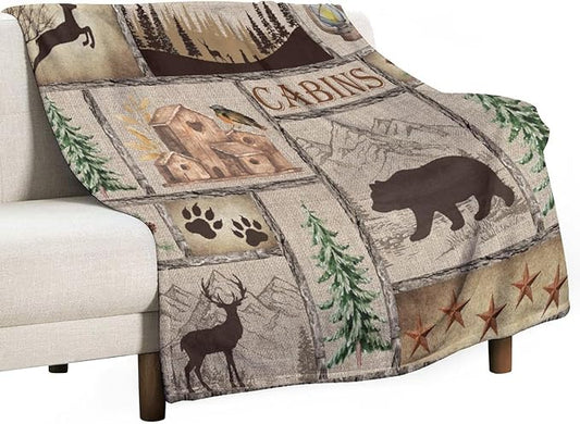 Rustic Cabin Bear Blanket, Lake Country Lodge Bear Deer Forest Farmhouse Camp Print Soft Warm Cozy Lightweight Decorative Blanket for Couch Bed Sofa Travel, 30"x40"