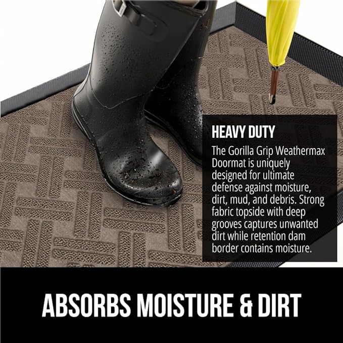 GORILLA GRIP 100% Waterproof All-Season WeatherMax Doormat 35x23, US Designed Natural Rubber, Stain and Fade Resistant, Low Profile Indoor Outdoor Door Mats, Easy Clean Patio Mat, Taupe Basket Weave