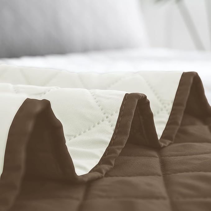 Easy-Going Full/Queen Size Reversible Quilt Set with 1 Quilt and 2 Pillow Shams, Soft Bed Quilt Cover, Water Resistant Lightweight Microfiber Bedspread, Stain Resistant, Camel/Ivory