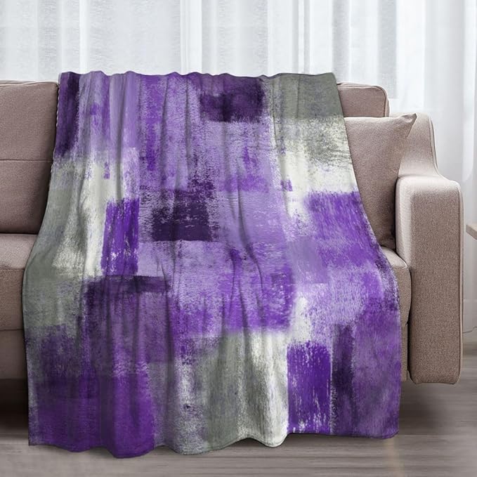 LOKMU Throw Blanket, Purple and Grey White Abstract Art Ultra-Soft Cozy Flannel Blankets, Fuzzy Plush Lightweight Modern Blanket for Couch Sofa Bedding Home Decor, 80" L x 60" W