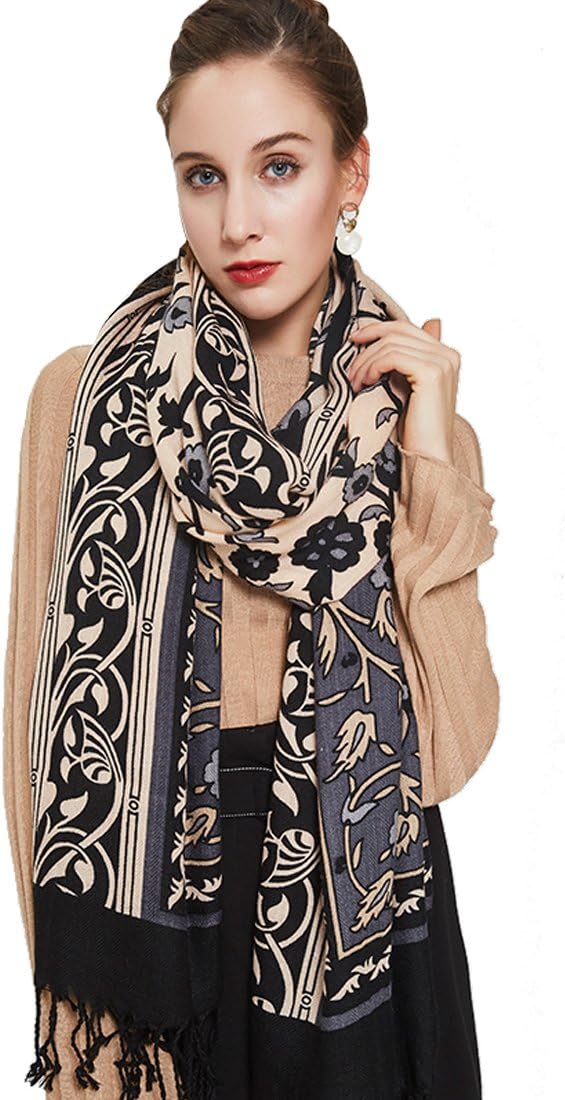 DANA XU 100% Merino Wool Extra Large Pashmina Blanket Travel Scarf Cashmere Wrap for Women Fall Winter Oversize Shawl Floral