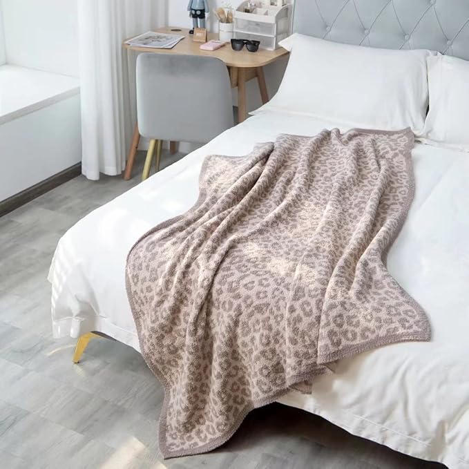 Soft Fuzzy Fluffy Leopard Knitted Throw Blanket,Cozy Plush Fleece Comfy Microfiber Blanket for Couch Sofa Bed,Linen/Warm Gray