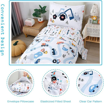 PERFEMET Cars Boys Comforter Set Twin Size 4 Pieces Reversible Truck Kids Bedding Set Soft Microfiber Vehicles Teen Boy Bed in a Bag with Sheets for All Season Use(White, Twin)