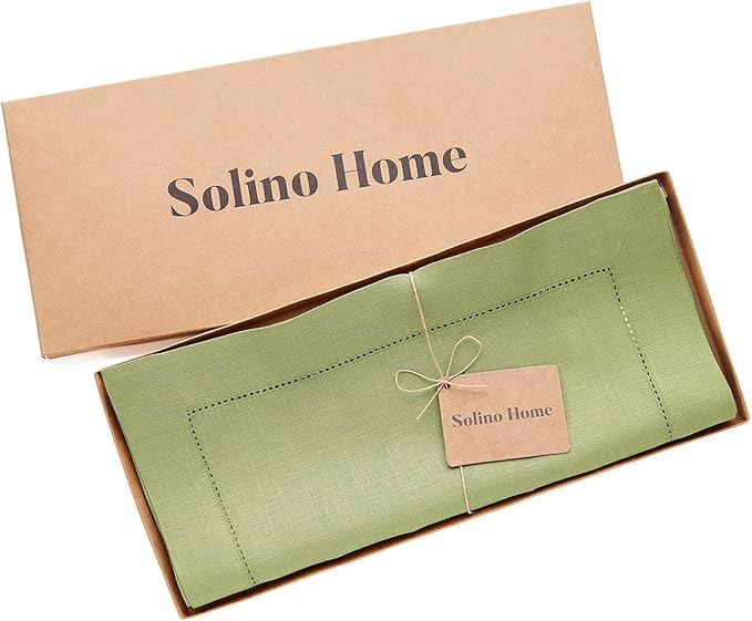 Solino Home Linen Moss Green Hemstitch Table Runner 36 Inches - 100% Pure Linen Small Table Runner 14 x 36 Inch Ideal for Dresser and Coffee Tables - Classic Hemstitch - Winter
