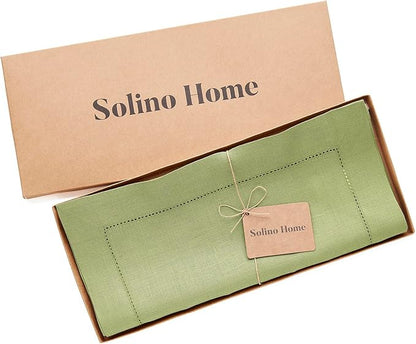 Solino Home Linen Moss Green Hemstitch Table Runner 36 Inches - 100% Pure Linen Small Table Runner 14 x 36 Inch Ideal for Dresser and Coffee Tables - Classic Hemstitch - Winter