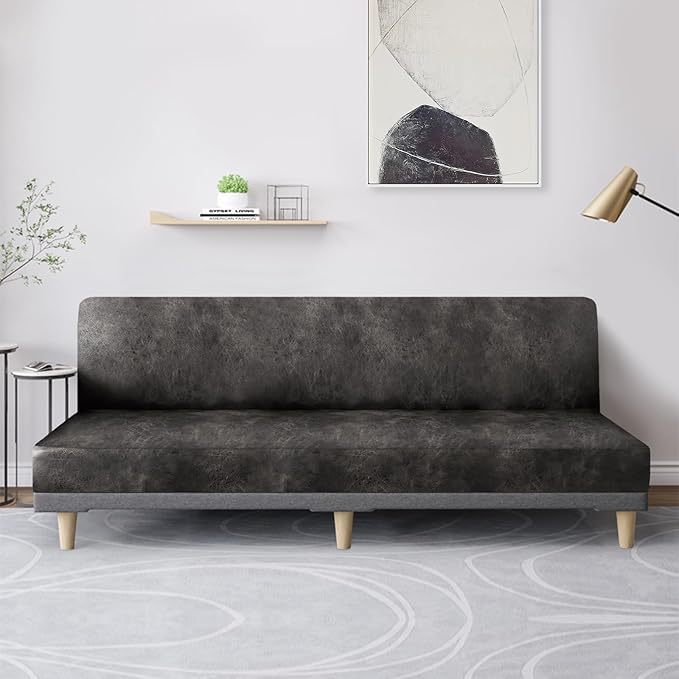 molasofa Leather Like Stretch Futon Slipcover Armless Futon Bed Sofa Cover Furniture Protector with Elastic Bottom, Soft and Washable Futon Cover for Sofa Bed Stay in Place（X Larger，Khaki）
