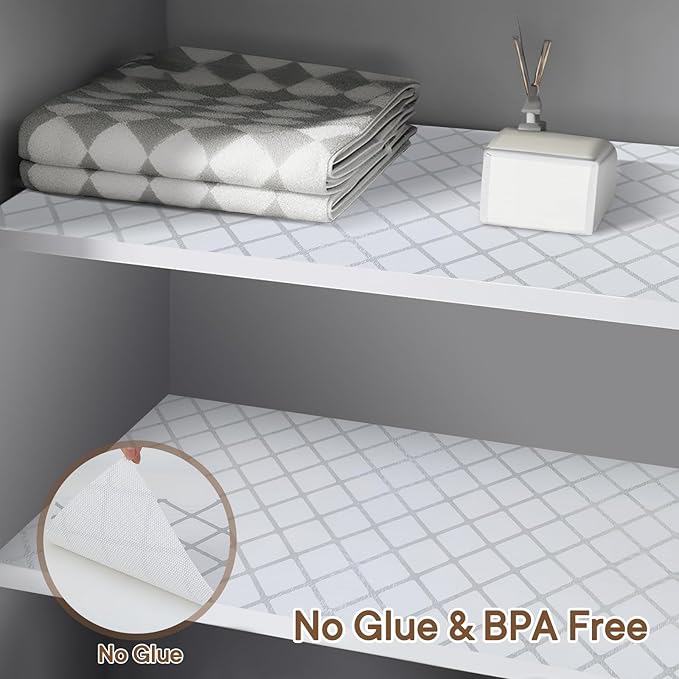 Shelf and Drawer Liner for Kitchen Cabinets Non-Adhesive, Strong Grip Non-Slip Thickened Cabinet Liners for Shelves, Waterproof Mats for Dresser Cupboard, Silver Stripe, 24 in x 20 Feet