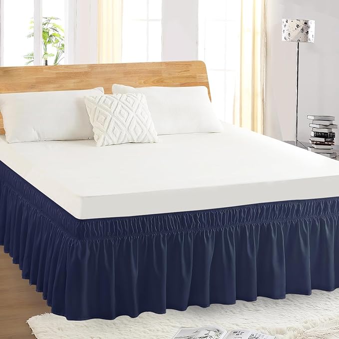 Queen Bed Skirt, Elastic Wrap Around Bed Skirt Queen Size, Bed Skirts for Adjustable Bed, Easy Fit with 14" Drop Length Tailored Drop Dust Ruffle (Navy)