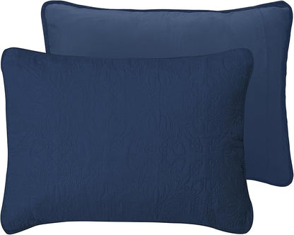 Easy-Going King Size Reversible Quilt Set with 1 Quilt and 2 Pillow Shams, Soft Bed Quilt Cover, Water Resistant Lightweight Microfiber Bedspread, Stain Resistant, Damask-Dark Blue/Light Blue