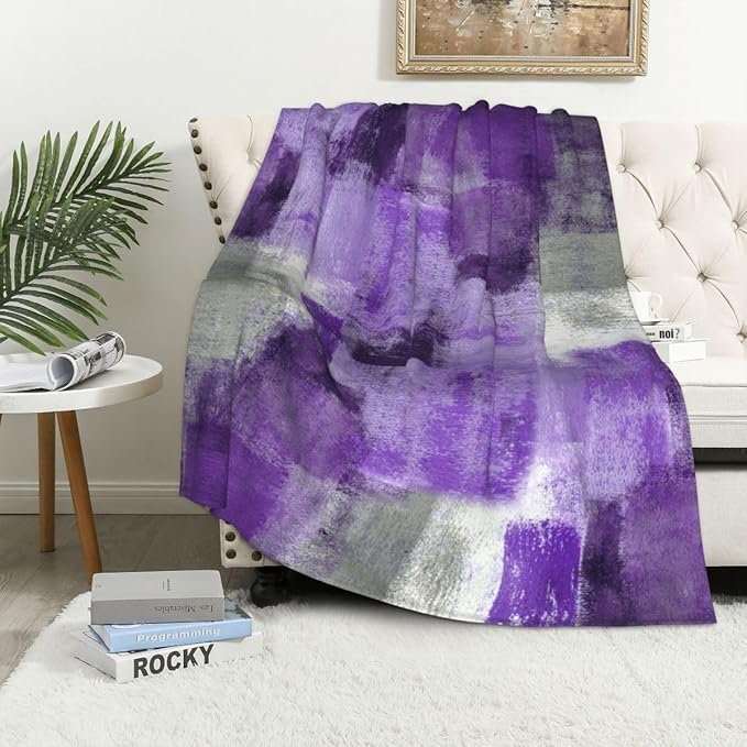 LOKMU Throw Blanket, Purple and Grey White Abstract Art Ultra-Soft Cozy Flannel Blankets, Fuzzy Plush Lightweight Modern Blanket for Couch Sofa Bedding Home Decor, 80" L x 60" W