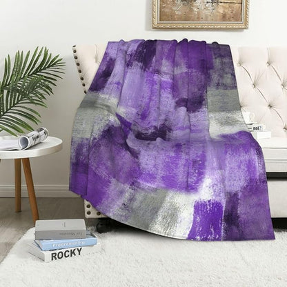LOKMU Throw Blanket, Purple and Grey White Abstract Art Ultra-Soft Cozy Flannel Blankets, Fuzzy Plush Lightweight Modern Blanket for Couch Sofa Bedding Home Decor, 80" L x 60" W