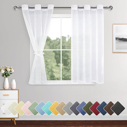 XWZO White Faux Linen Sheer Curtains, Light Filtering, Airy & Breathable Voile Window Curtains with Tiebacks for Kids Room, Farmhouse, Kitchen, 42 x 45 Inches Length, Set of 2 Panels