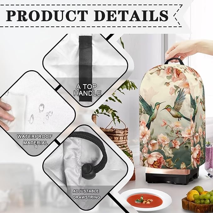 Vintage Flower Hummingbird Print Kitchen Blender Dust Cover with Drawstring and Handle, Dust Protection Easy to Clean Small Appliance Food Processor Coffee Maker Cover
