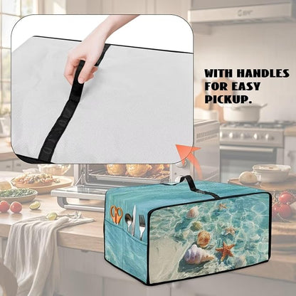 Toaster Oven Cover Washable Small Kitchen Appliance Dust Cover with Pockets, for Air Fryer Toaster Ovens, Microwaves, M, 16.5 x 20.5 x 10 Inches, Blue Beach Starfish Seashell Conch Whelk