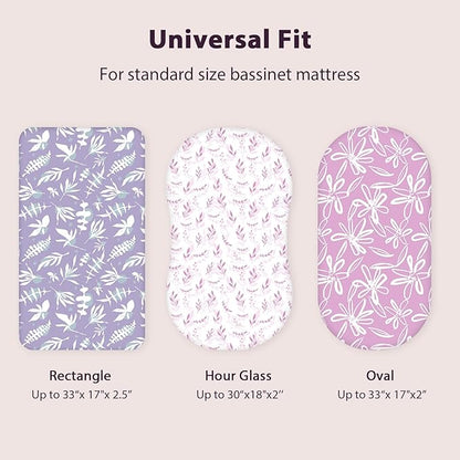 Baby Bassinet Sheets Girl Boy, Fitted Bassinet Sheet Set 3 Pack Bassinet Mattress Sheets Universal Fit for Rectangle, Round, Oval, Hourglass Mattress, Soft Breathable Purple Leaf