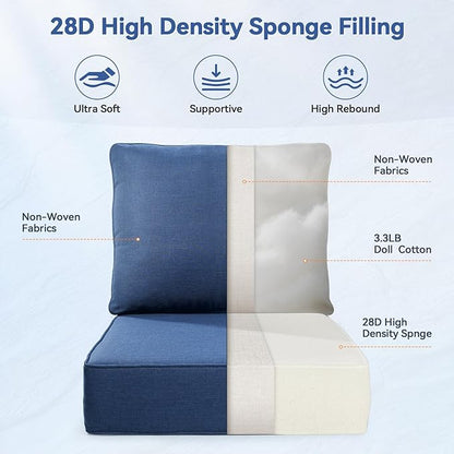 Luxury 6" Outdoor Cushions for Patio Furniture, 24x24x6" Thick Seat Cushion Set of 10, Fade Resistant Couch Chair Replacement Cushions High Density Deep Wicker Chair Cushion w/ Removable Cover, Blue