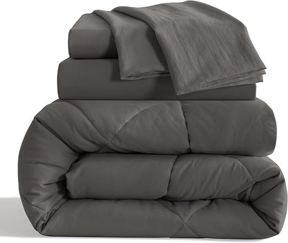 NTBAY Twin Comforter Set with Sheets, 5 Pieces Soft and Breathable Twin Bedding Set, Twin Bed in a Bag, Down Alternative Comforter Set Solid Color All Season, Kids Bedding Set, Dark Grey
