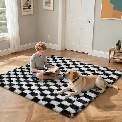 Checkered Rug for Living Room, 9x12 Black and White Area Rugs, Classic Checkered Carpets Shaggy Area Rug, Bedside Rugs for Living Room Bedroom Kids Room Home Decor
