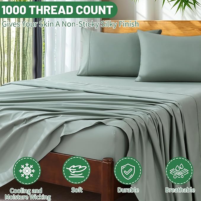 Extra Deep Pocket Queen Sheets 18-24 Inch 100% Egyptian Cotton 1000 Thread Count Sateen Weave Soft Breathable 4 Pieces（Queen,Sage Green）