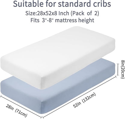 Crib Sheets for Boys Girls,100% Cotton Fitted Crib Sheet 2 Pack for Standard Crib and Toddler Mattress, Super Soft Breathable Baby Sheet 28x52x8in (White & Gray)