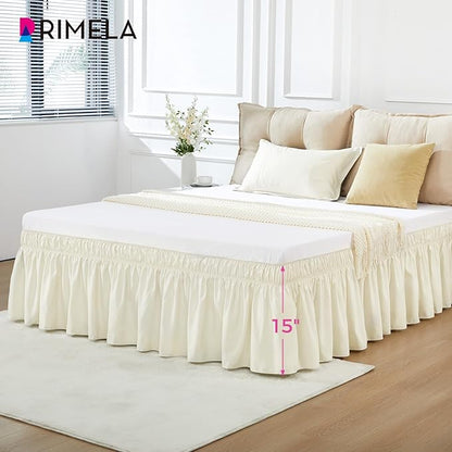RIMELA Ivory Bed Skirt King Size 15 Inch Drop, Elastic Bed Skirting for Bed Base and Frame, Bedding Dust Ruffle Easy to Install, Lightweight Wrap Around Adjustable Bedskirt
