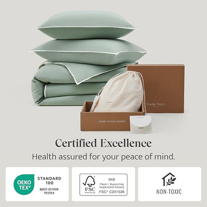 Double Stitch Cotton Tencel Duvet Cover - King Size Comforter Cover, Luxury & Soft Eucalyptus Lyocell Bedding Set for Hot Sleepers, Cooling & Breathable, Button Closure, Sage Green Contrast, 106"x90"