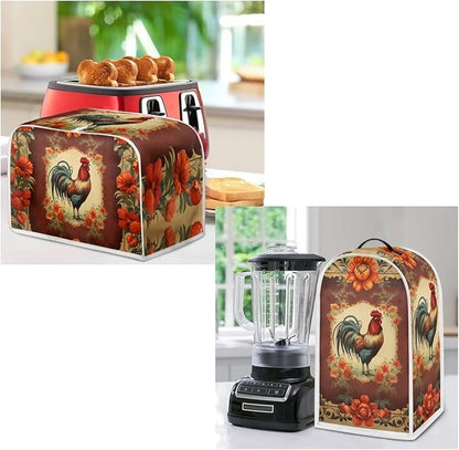 Vintage Chicken Rooster Flower Pattern Appliance Covers Set Washable Kitchen Blender Dust Cover Bread Maker Toaster Cover 2 Slice Kitchen Accessories Size S