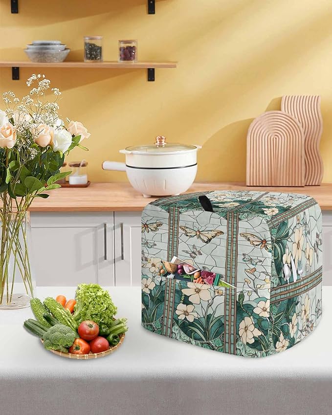 Butterfly Flowers Stand Mixer Dust Cover with Storage Pocket & Handles, Fits All Tilt Head & Bowl Lift Retro Glass Chinese Screen Kitchen Appliance Cover Organizer Botanical Bag Accessories, 6-8 Quart