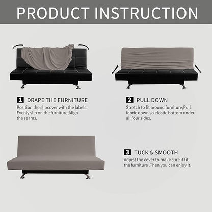 Easy-Going Stretch Futon Slipcover Armless Futon Bed Cover Furniture Protector Without Armrests with Elastic Bottom for Kids, Soft Jacquard Fabric Small Checks (Large, Taupe)