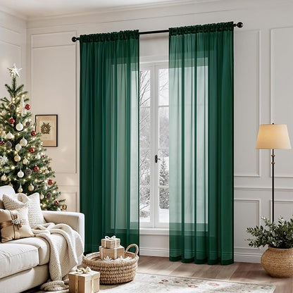 MIULEE 2 Panels Christmas Solid Color Sheer Window Curtains Elegant Window Voile Panels/Drapes/Treatment for Bedroom Living Room (54X84 Inches Hunter Green)