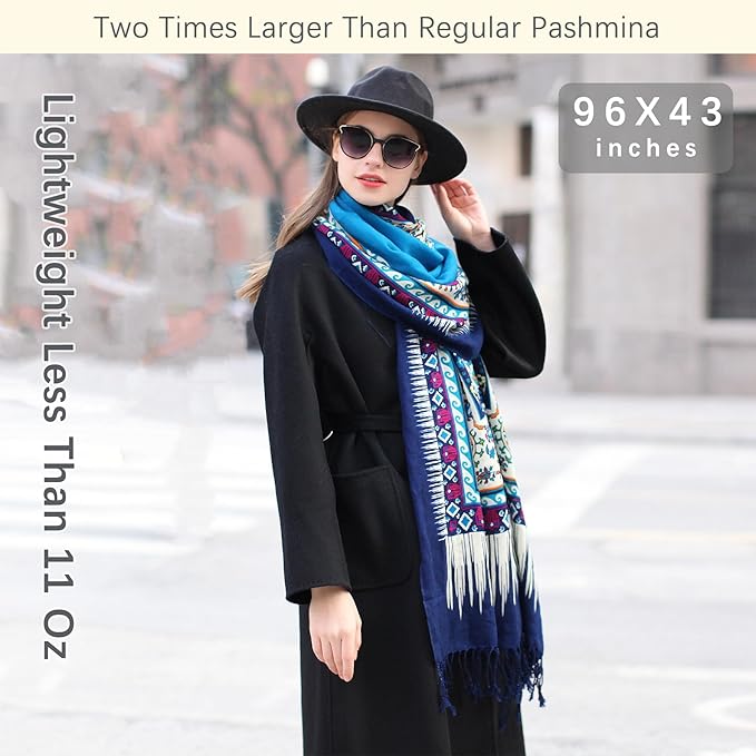 DANA XU 100% Merino Wool Pashmina Shawl for Women 96"x43", Oversized Cashmere Wrap with Tassels, Floral Travel Blanket Cape