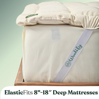 Organic Merino Wool Mattress Topper - Luxury Pillow Top Mattress Pad, Handmade, Non-Toxic, Cooling & Hypoallergenic, Natural Back Pain Relief, Sustainable Bedding (King)