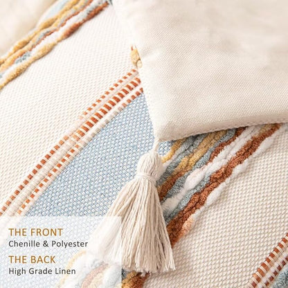 Boho Throw Pillow Covers 18x18 Set of 2 Woven Tufted Farmhouse Pillows Cover with Tassels Textured Striped Cushion Case Neutral Pillow Cases Decorative Pillowcase for Sofa Couch,Light Blue