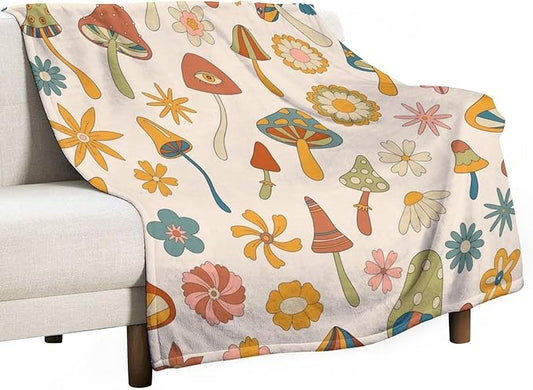 70s Mushroom Throw Blanket, Retro 60s Groovy Mushroom Boho Hippie Flowers Print Blanket for Kids Baby Bedroom Sofa Holiday Decor 60"x80"